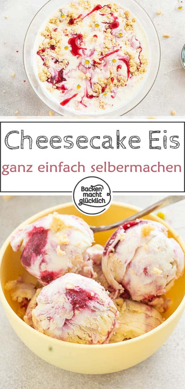 Wer Käsekuchen und Eis liebt, wird diese Cheesecake Eiscreme lieben! Das Lemon Cheesecake Eis funktioniert ohne Eismaschine und wird trotzdem cremig. Ihr werdet sehen: Ben and Jerrys Eis selbermachen ist super einfach! #backenmachtglücklich #eis #rezept #cheesecake