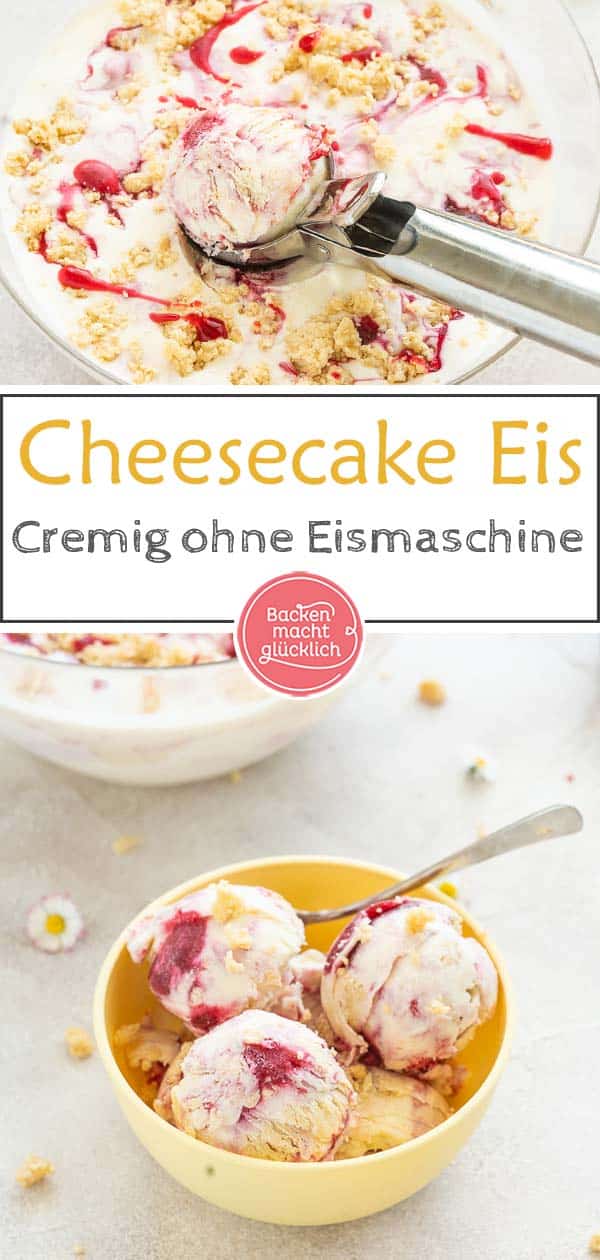 Wer Käsekuchen und Eis liebt, wird diese Cheesecake Eiscreme lieben! Das Lemon Cheesecake Eis funktioniert ohne Eismaschine und wird trotzdem cremig. Ihr werdet sehen: Ben and Jerrys Eis selbermachen ist super einfach! #backenmachtglücklich #eis #rezept #cheesecake