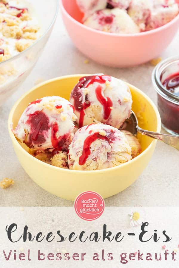 Wer Käsekuchen und Eis liebt, wird diese Cheesecake Eiscreme lieben! Das Lemon Cheesecake Eis funktioniert ohne Eismaschine und wird trotzdem cremig. Ihr werdet sehen: Ben and Jerrys Eis selbermachen ist super einfach! #backenmachtglücklich #eis #rezept #cheesecake