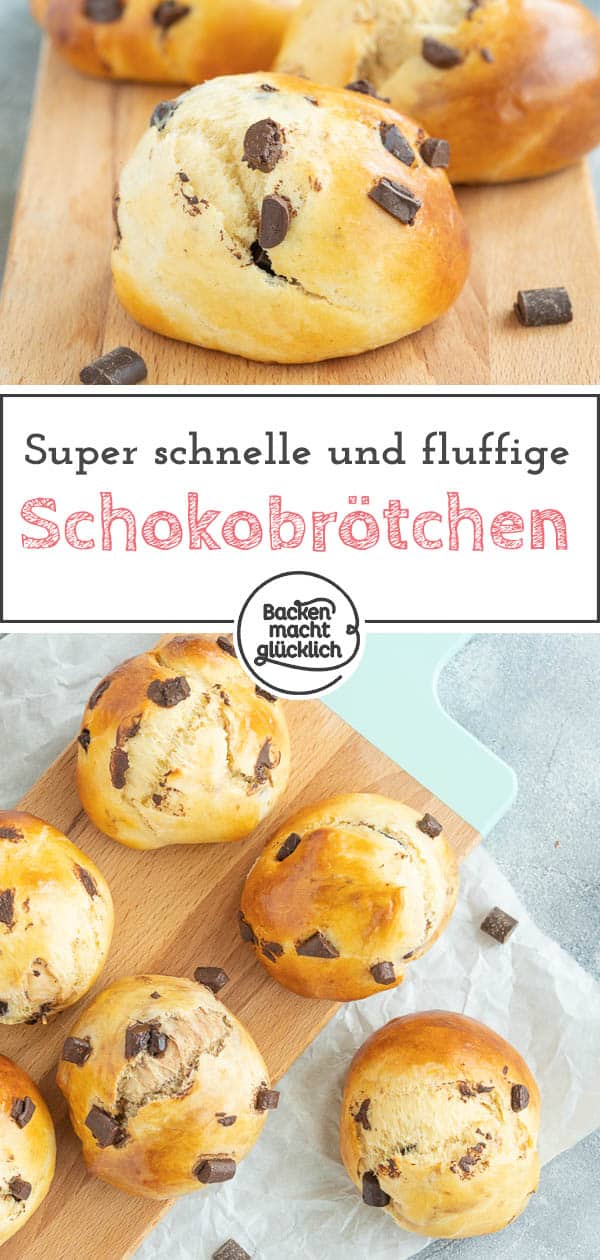 Echt genial: Die Milchbrötchen mit Schokodrops sind blitzschnell gebacken und kommen bei Klein und Groß super gut an. Der Teig für die Schokobrötchen mit Hefe muss nur 20 Minuten gehen und ist danach schon fertig zum Backen! #schokobrötchen #hefe #milchbrötchen #kinder #backenmachtglücklich