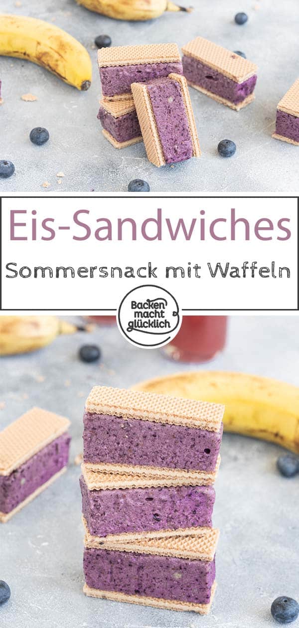 Waffel-Eis-Sandwiches selbermachen ist überhaupt nicht schwer. Mit diesem Nicecream Sandwich Rezept habt ihr im Nu einen erfrischenden, gesunden Sommersnack gemacht. #eis #rezept #nicecream #sommersnack #backenmachtglücklich