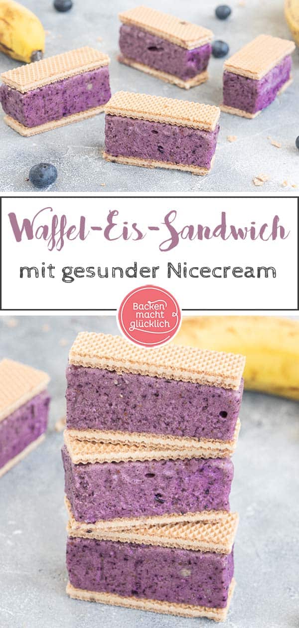 Waffel-Eis-Sandwiches selbermachen ist überhaupt nicht schwer. Mit diesem Nicecream Sandwich Rezept habt ihr im Nu einen erfrischenden, gesunden Sommersnack gemacht. #eis #rezept #nicecream #sommersnack #backenmachtglücklich
