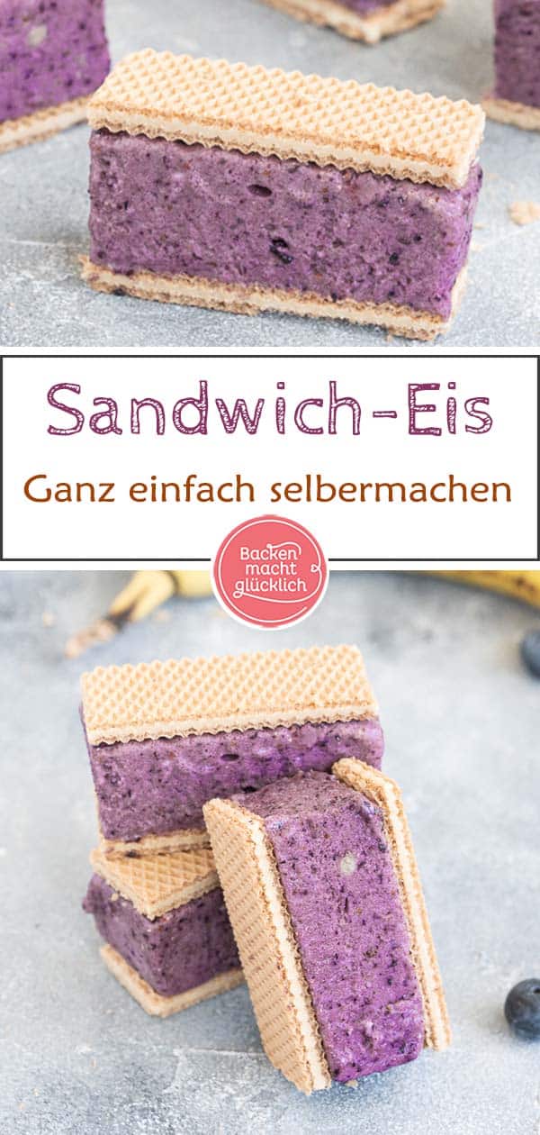 Waffel-Eis-Sandwiches selbermachen ist überhaupt nicht schwer. Mit diesem Nicecream Sandwich Rezept habt ihr im Nu einen erfrischenden, gesunden Sommersnack gemacht. #eis #rezept #nicecream #sommersnack #backenmachtglücklich