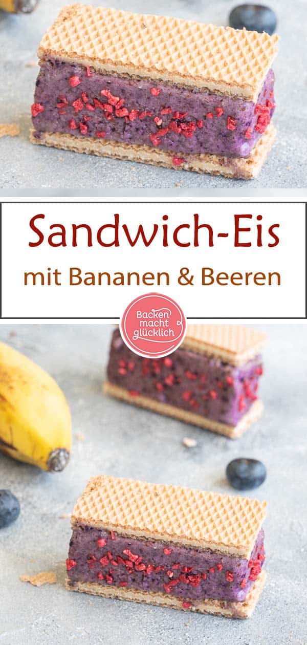 Waffel-Eis-Sandwiches selbermachen ist überhaupt nicht schwer. Mit diesem Nicecream Sandwich Rezept habt ihr im Nu einen erfrischenden, gesunden Sommersnack gemacht. #eis #rezept #nicecream #sommersnack #backenmachtglücklich