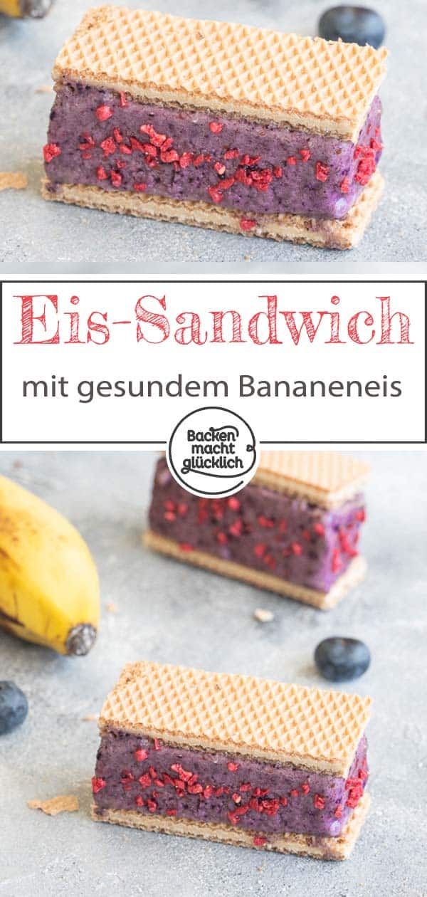 Waffel-Eis-Sandwiches selbermachen ist überhaupt nicht schwer. Mit diesem Nicecream Sandwich Rezept habt ihr im Nu einen erfrischenden, gesunden Sommersnack gemacht. #eis #rezept #nicecream #sommersnack #backenmachtglücklich