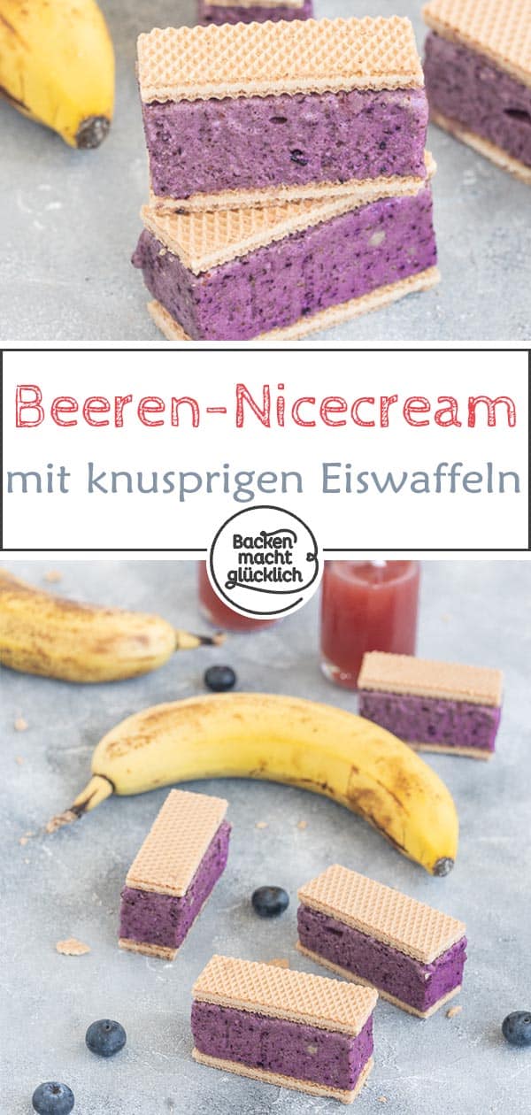 Waffel-Eis-Sandwiches selbermachen ist überhaupt nicht schwer. Mit diesem Nicecream Sandwich Rezept habt ihr im Nu einen erfrischenden, gesunden Sommersnack gemacht. #eis #rezept #nicecream #sommersnack #backenmachtglücklich