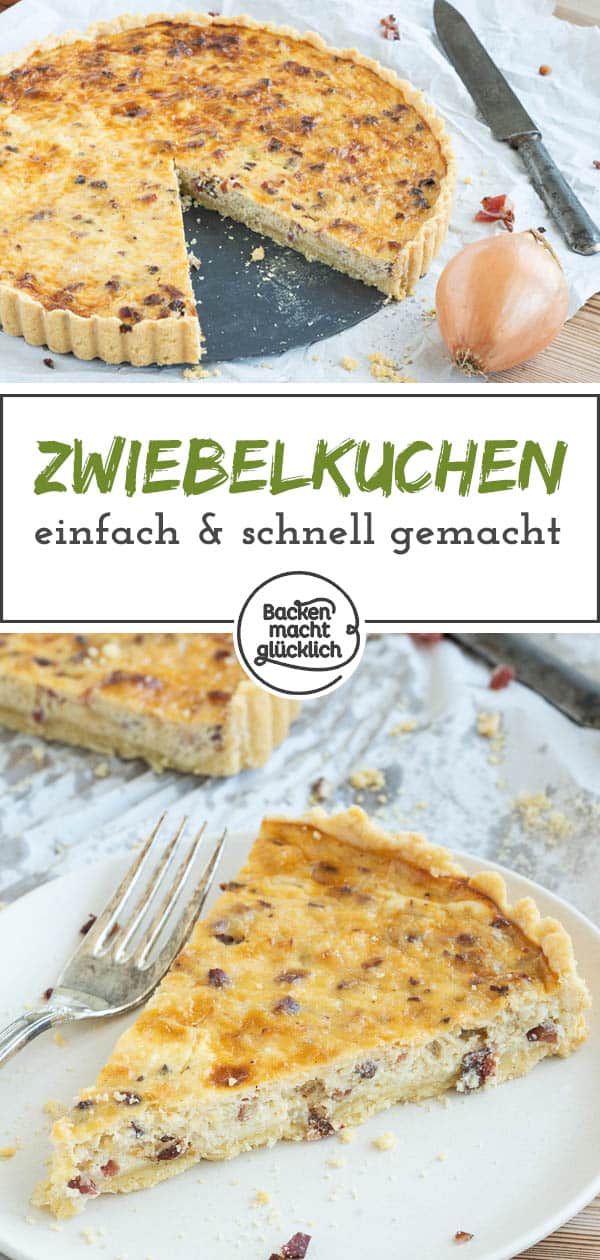 Der Zwiebelkuchen aus Mürbeteig ist super lecker und herzhaft. Das Rezept für den Zwiebelkuchen funktioniert mit Speck oder auch vegetarisch. Einfach genial! #zwiebelkuchen #herbst #zwiebeln #herzhaft #backenmachtglücklich