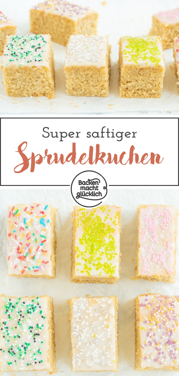 Sprudelkuchen vom Blech ist der perfekte Kuchen für Kindergeburtstage oder kleine Feiern. Der saftige Selterskuchen mit Mineralwasser im Rührteig kommt einfach immer gut an! #sprudelkuchen #selterskuchen #kindergeburtstag #backenmachtglücklich