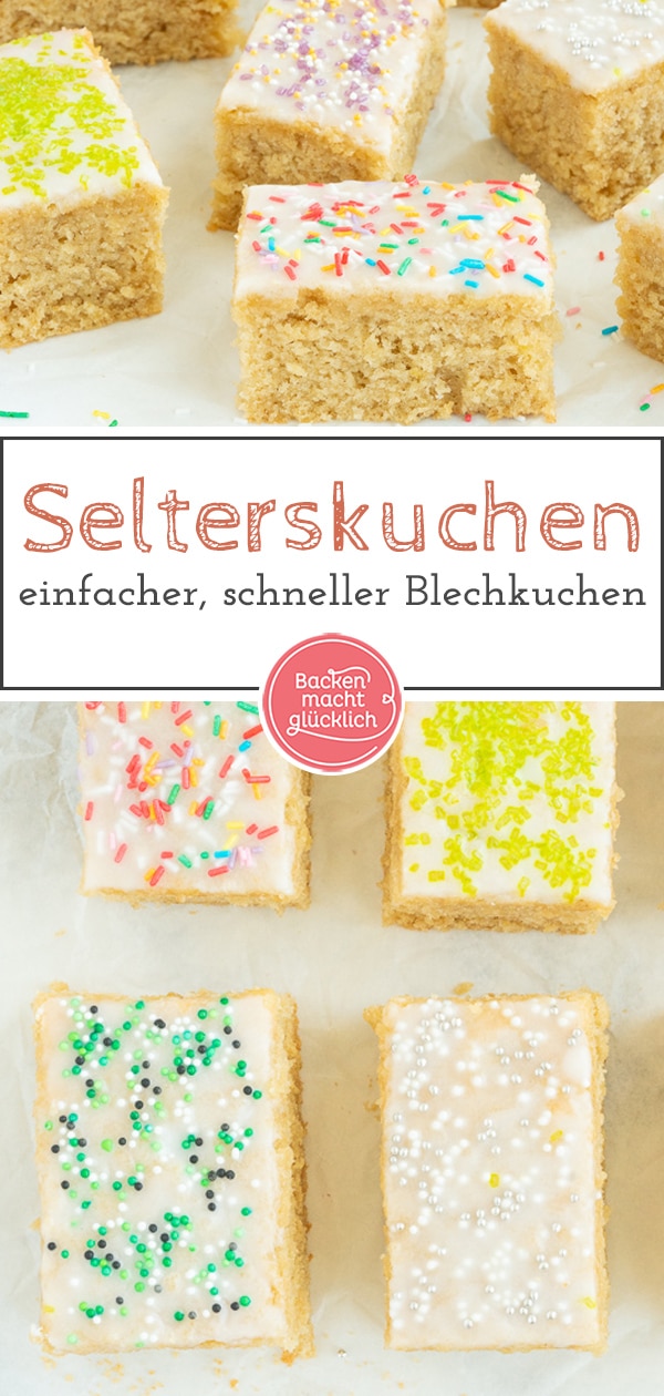 Sprudelkuchen vom Blech ist der perfekte Kuchen für Kindergeburtstage oder kleine Feiern. Der saftige Selterskuchen mit Mineralwasser im Rührteig kommt einfach immer gut an! #sprudelkuchen #selterskuchen #kindergeburtstag #backenmachtglücklich