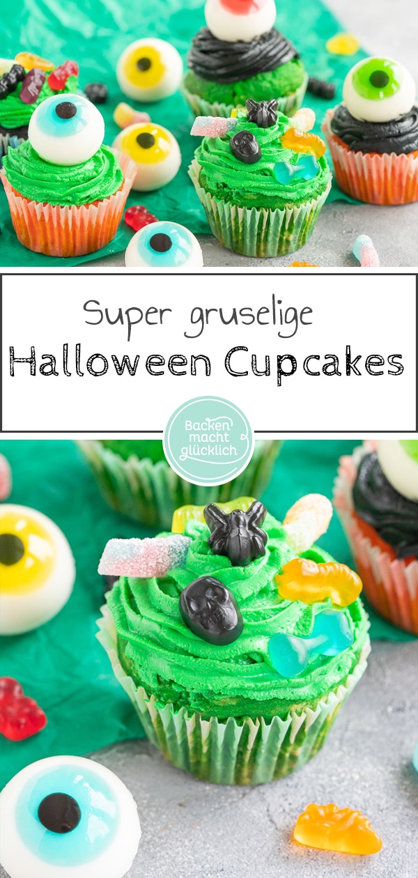 Schaurig-schöne Cupcakes für Halloween, die mit ihren Farben und der tollen Deko nicht nur Kinder begeistern! Mit diesen Cupcake Monstern wird das Halloween-Buffet garantiert ein Hingucker.