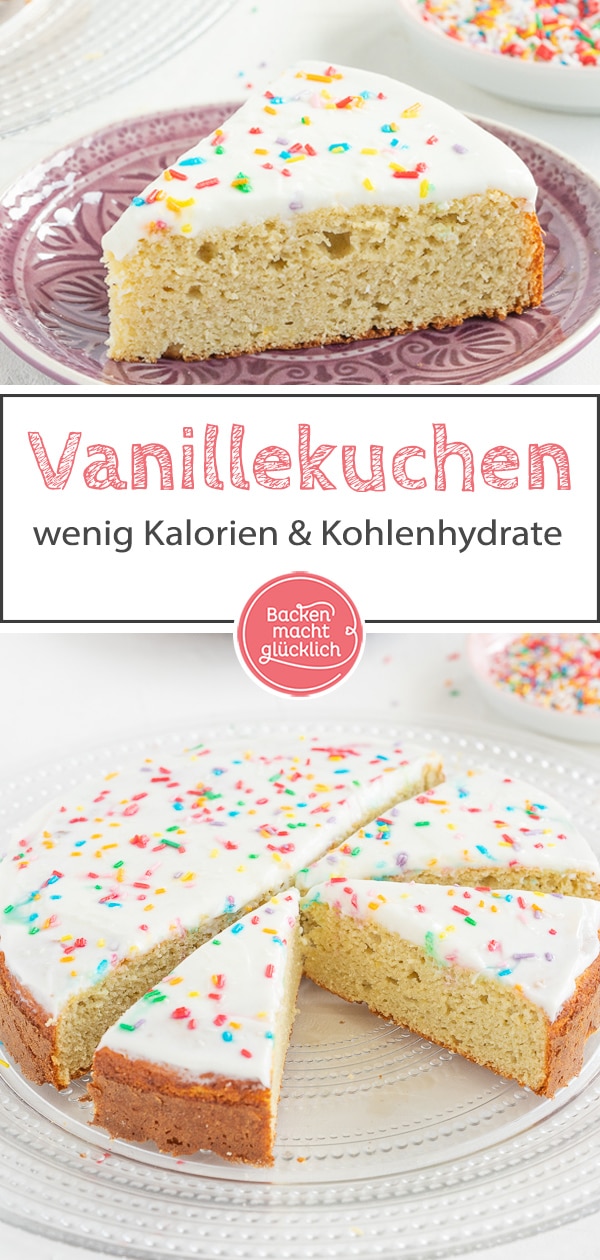 Mit dem kalorienarmen Vanillekuchen liegt ihr immer richtig! Der Fitnesskuchen hat weniger als 100 kcal pro Stück und passt perfekt in die Diät.