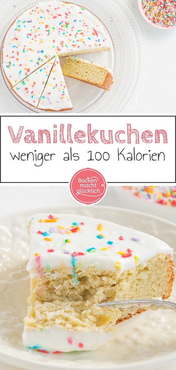 Mit dem kalorienarmen Vanillekuchen liegt ihr immer richtig! Der Fitnesskuchen hat weniger als 100 kcal pro Stück und passt perfekt in die Diät.