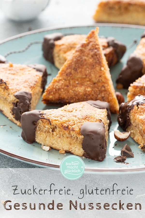 Selbstgemachte Nussecken ohne Zucker, die sogar noch besser schmecken als beim Bäcker! Die gesunden glutenfreien Nussecken sind super zum Naschen für zwischendurch.