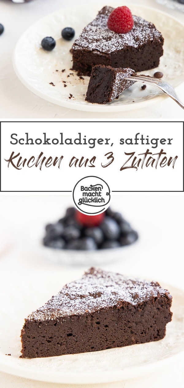 Dieser leckere, einfache 3-Zutaten-Schokoladenkuchen ist ungeheuer saftig. Ihr braucht nur Schokolade, Eier und Butter - fertig!