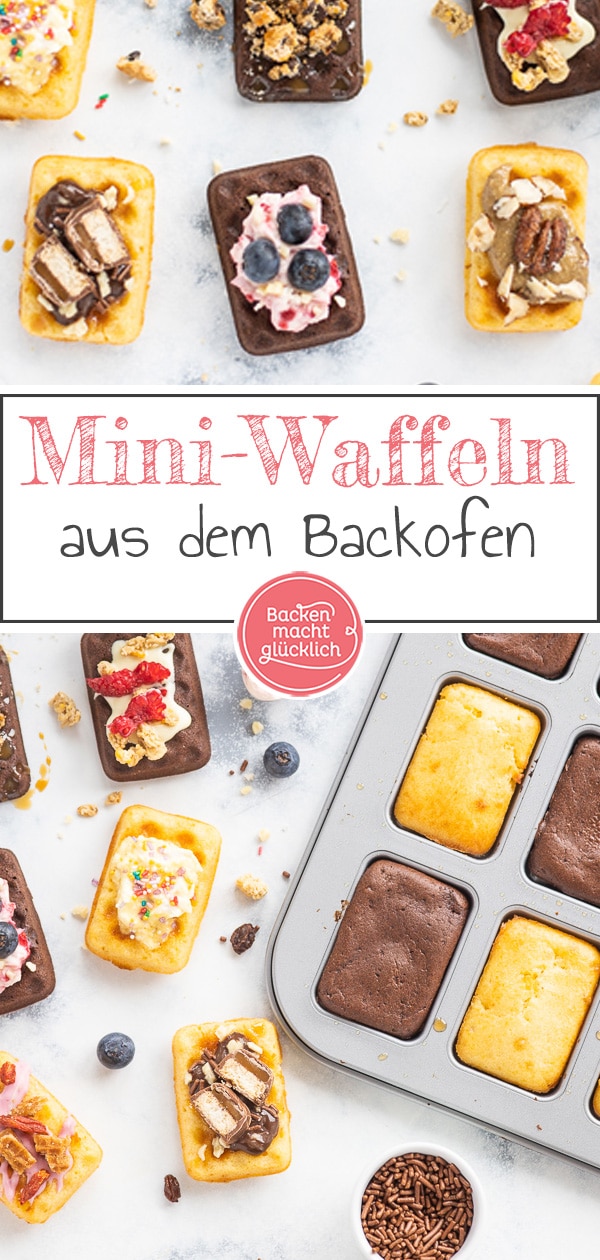 Köstliche Mini-Waffeln aus dem Ofen sind der absolute Hit! Die kleinen Waffeln ohne Hefe sind ganz schnell gebacken und lassen sich wunderbar vielfältig dekorieren.