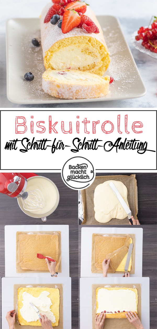 Diese leckere Biskuitrolle gelingt immer: Das beste Grundrezept für eine fluffige und cremige Biskuitroulade, die ihr nach Belieben mit Obst und anderen Zutaten füllen und dekorieren könnt.