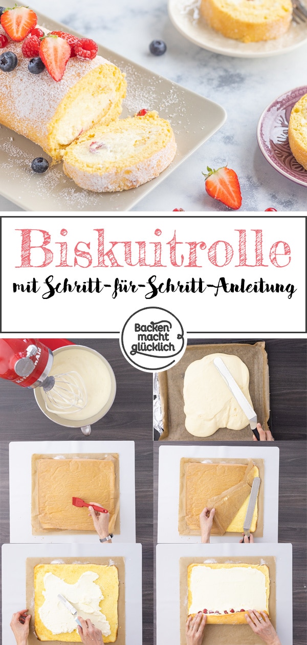 Diese leckere Biskuitrolle gelingt immer: Das beste Grundrezept für eine fluffige und cremige Biskuitroulade, die ihr nach Belieben mit Obst und anderen Zutaten füllen und dekorieren könnt.