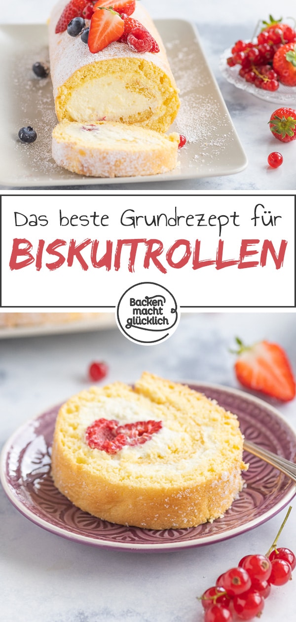 Diese leckere Biskuitrolle gelingt immer: Das beste Grundrezept für eine fluffige und cremige Biskuitroulade, die ihr nach Belieben mit Obst und anderen Zutaten füllen und dekorieren könnt.