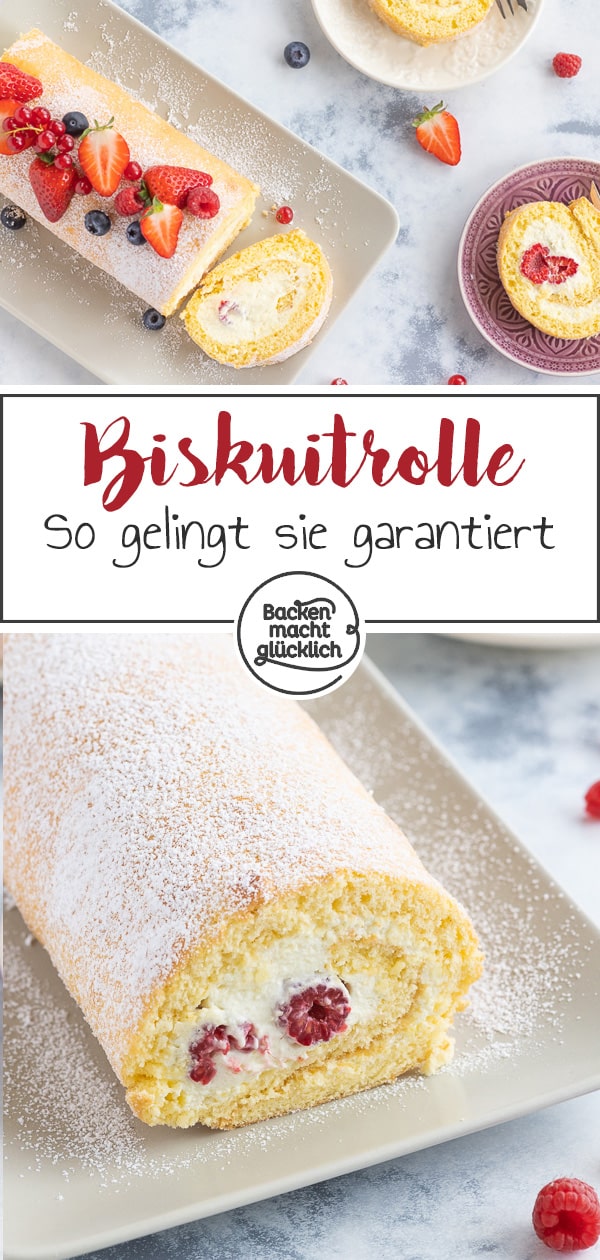 Diese leckere Biskuitrolle gelingt immer: Das beste Grundrezept für eine fluffige und cremige Biskuitroulade, die ihr nach Belieben mit Obst und anderen Zutaten füllen und dekorieren könnt.