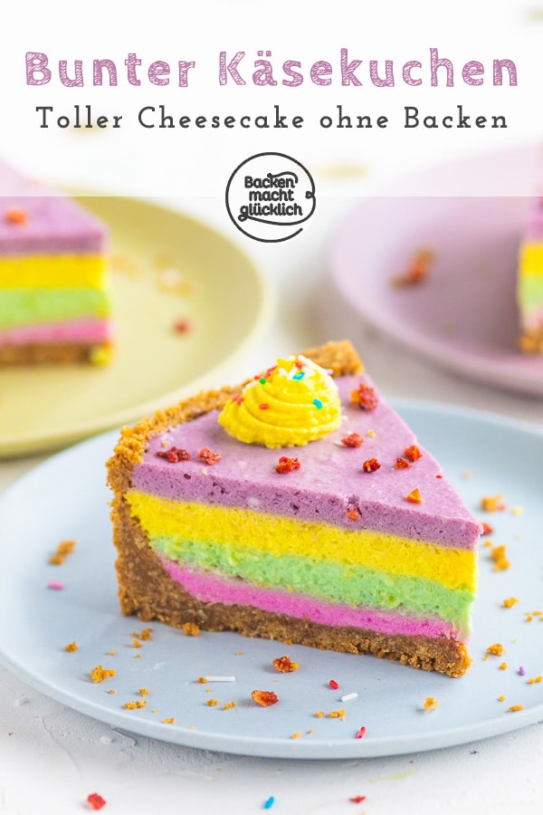 Bunter Käsekuchen: Mit diesem bunten Cheesecake ohne Backen macht ihr nicht nur Kinder happy! Der Regenbogen-Käsekuchen ohne Lebensmittelfarbe kommt immer gut an