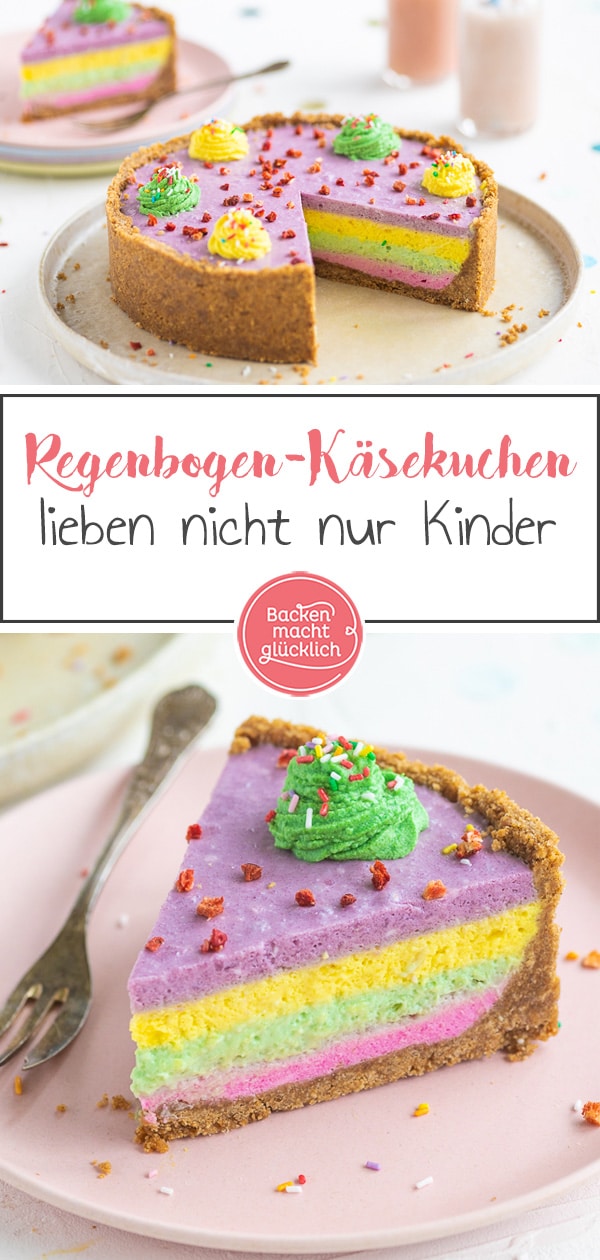 Bunter Käsekuchen: Mit diesem bunten Cheesecake ohne Backen macht ihr nicht nur Kinder happy! Der Regenbogen-Käsekuchen ohne Lebensmittelfarbe kommt immer gut an