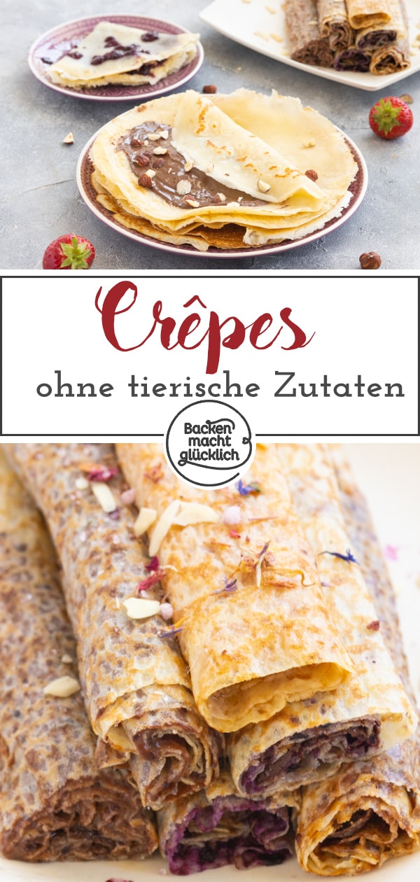 Geniale Crêpes ohne Eier, Milch und Butter. Einfaches Rezept für vegane Pfannkuchen nur mit Standard-Zutaten und so lecker wie der Klassiker.