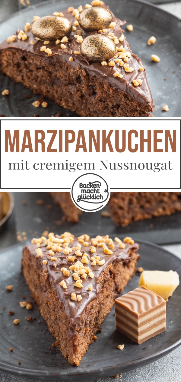 Ein himmlischer Nuss-Nougat-Kuchen mit Marzipan und Schokoladen-Ganache. Der Marzipankuchen ist einfach zu backen und absolut lecker!