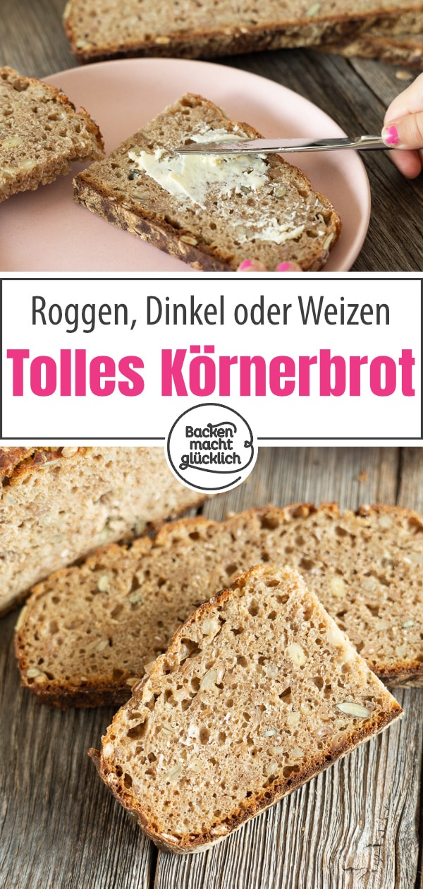 Ein tolles herzhaftes Sauerteigbrot mit ganzen Getreidekörnern, Kernen und Saaten. Das Körnerbrot schmeckt mit Roggen, Dinkel oder Weizen.