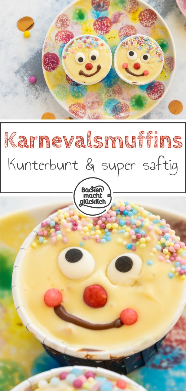 Blitzschnelles Rezept für leckere Muffins mit lustigen Gesichtern. Die kunterbunten Muffins sind perfekt für Kindergeburtstage & Fasching.