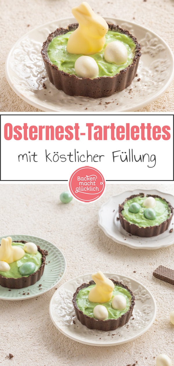 Kleine No Bake Ostertörtchen mit Schoko-Knusperboden und sahniger Vanille-Pudding-Creme: Diese Mini-Tartes verursachen wenig Aufwand und trotzdem bekommt ihr ein tolles Ergebnis!