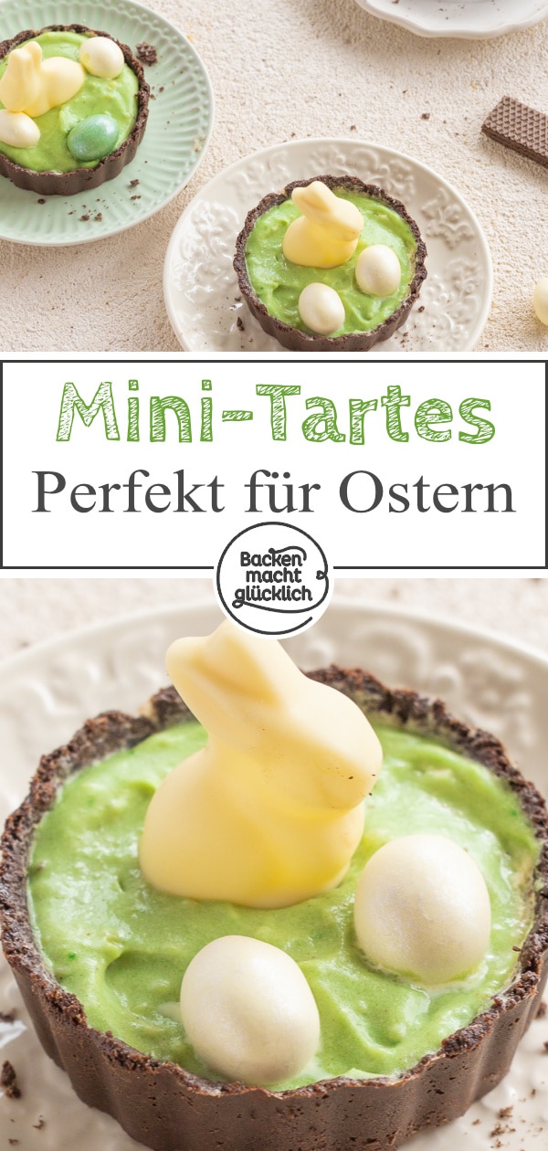 Kleine No Bake Ostertörtchen mit Schoko-Knusperboden und sahniger Vanille-Pudding-Creme: Diese Mini-Tartes verursachen wenig Aufwand und trotzdem bekommt ihr ein tolles Ergebnis!