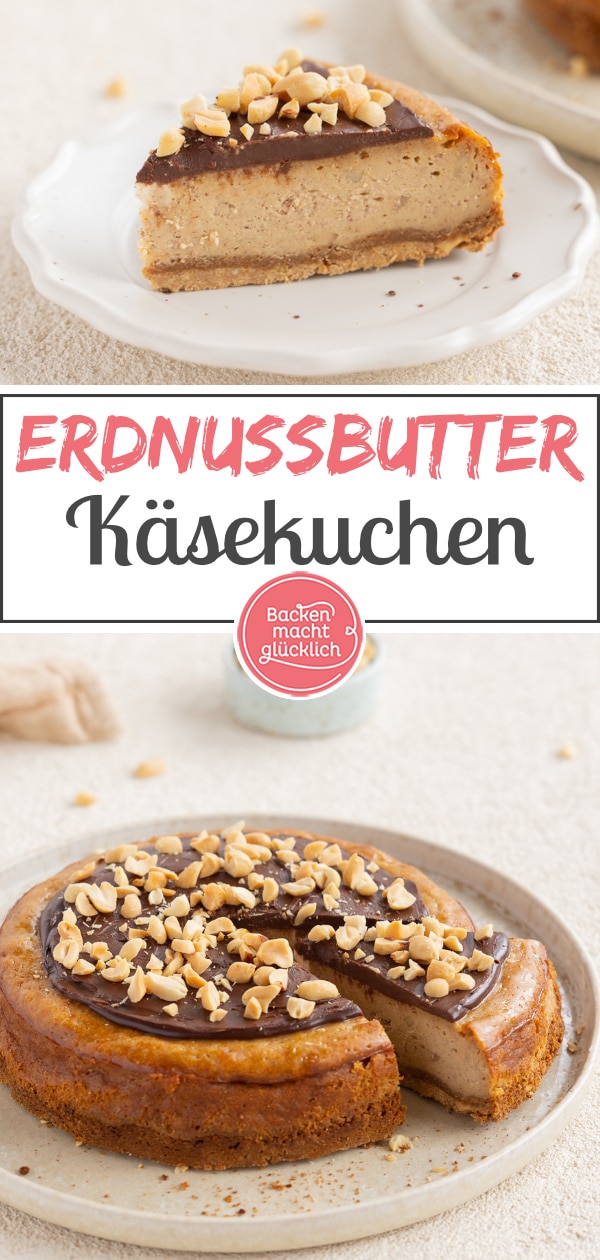 Dieser amerikanische Käsekuchen mit Peanutbutter, Knusperboden und Ganache schmeckt einfach umwerfend! Mit diesem Rezept gelingt euch der cremige Erdnussbutter-Cheesecake garantiert.