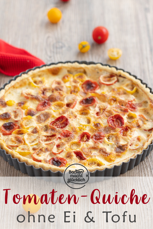 Sommerliche, rein pflanzliche Tomatentarte ohne Ei und Tofu. Die Quiche mit Kirschtomaten ist superlecker und schmeckt nicht nur Veganern.
