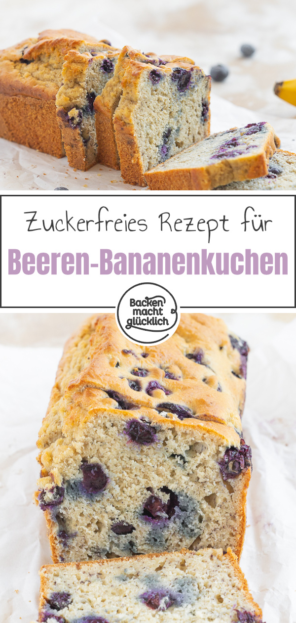 Saftiger gesunder Bananen-Beeren-Kuchen ohne Zucker. Das perfekte Bananenbrot mit Blaubeeren ist perfekt für Kinder & Erwachsene.