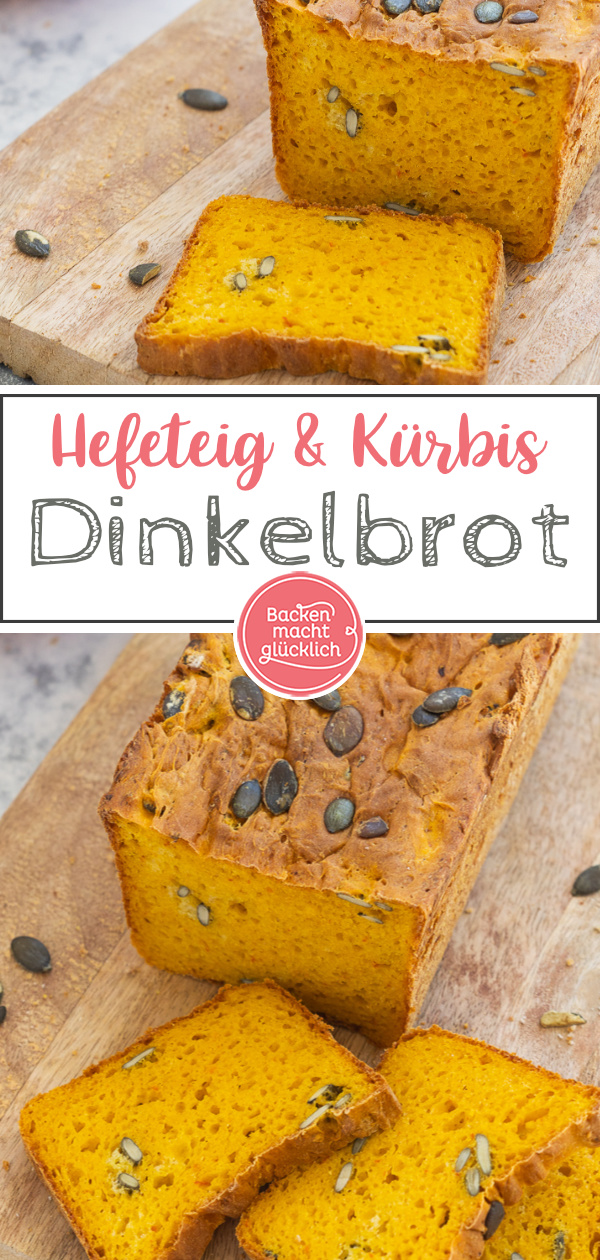 Tolles Kürbisbrot mit Hefeteig. Das Kürbis-Dinkelbrot ist super fluffig, saftig, leuchtend-orange und herbstlich.