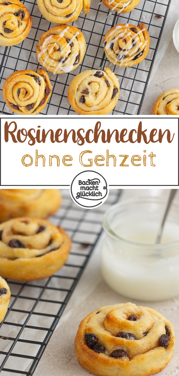 Saftige und fluffige Schnecken mit Rosinenfüllung, die durch Quark-Öl-Teig ganz ohne Gehzeit direkt gebacken werden können