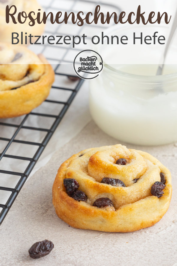 Saftige und fluffige Schnecken mit Rosinenfüllung, die durch Quark-Öl-Teig ganz ohne Gehzeit direkt gebacken werden können