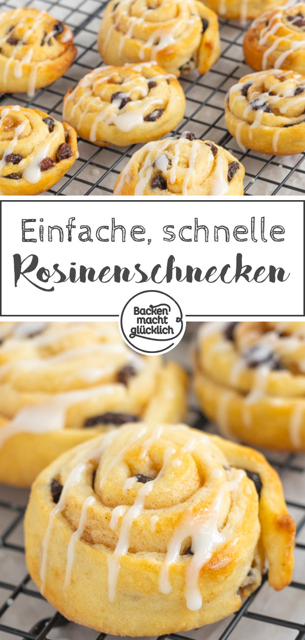 Saftige und fluffige Schnecken mit Rosinenfüllung, die durch Quark-Öl-Teig ganz ohne Gehzeit direkt gebacken werden können
