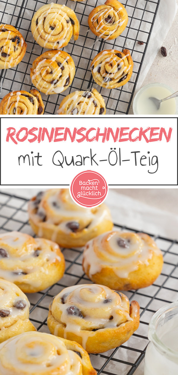 Saftige und fluffige Schnecken mit Rosinenfüllung, die durch Quark-Öl-Teig ganz ohne Gehzeit direkt gebacken werden können
