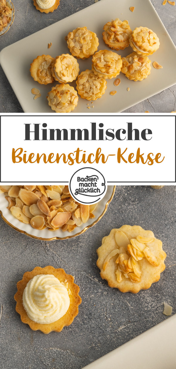 Himmlische Bienenstich-Plätzchen für Weihnachten mit Mandel-Karamell-Topping & Vanillepudding-Creme.