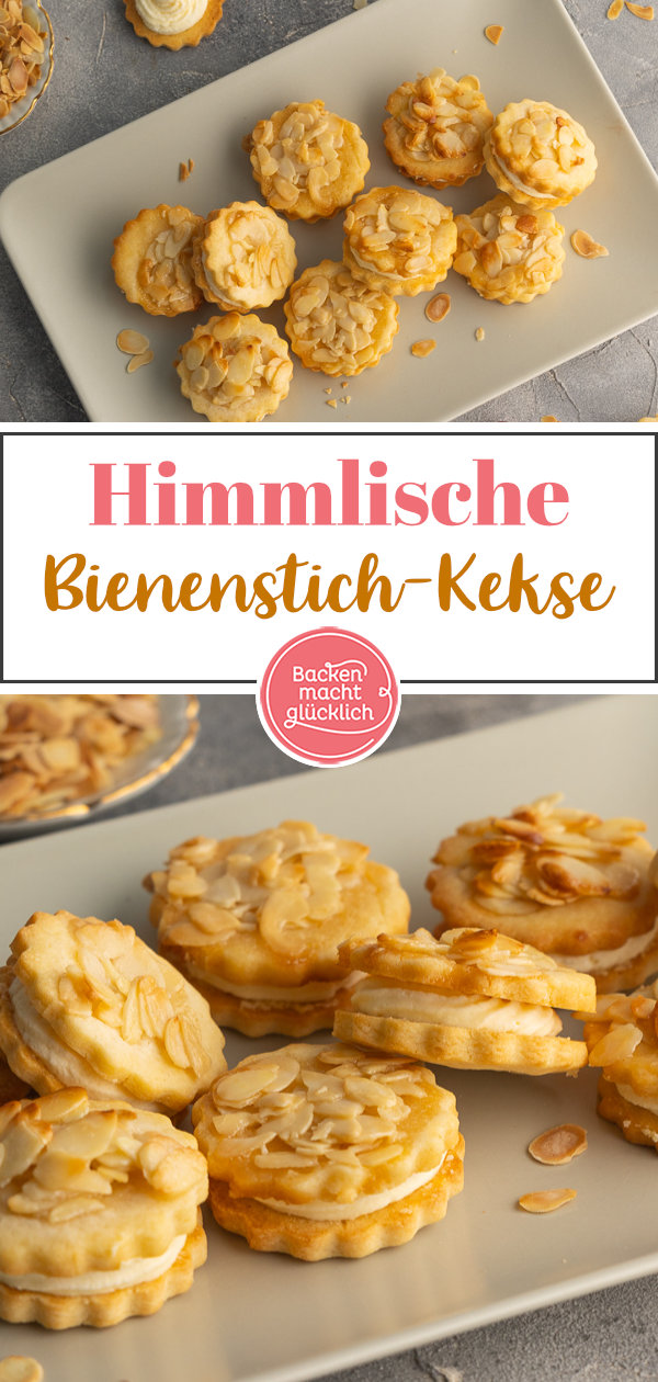 Himmlische Bienenstich-Plätzchen für Weihnachten mit Mandel-Karamell-Topping & Vanillepudding-Creme.