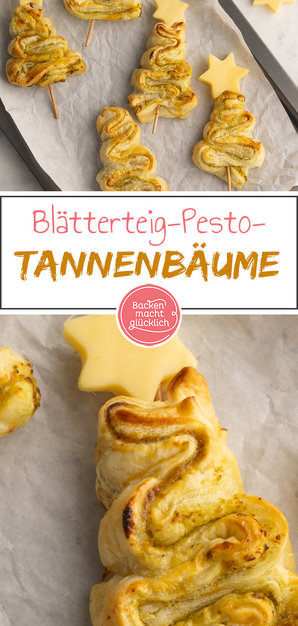 Herzhafte Tannenb&auml;ume mit Bl&auml;tterteig und Pesto sind ein tolles pikantes Fingerfood f&uuml;r Weihnachten.