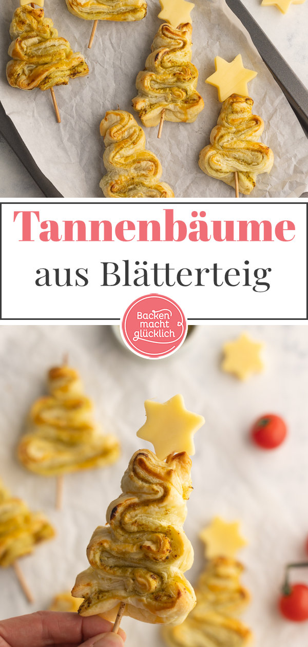 Herzhafte Tannenb&auml;ume mit Bl&auml;tterteig und Pesto sind ein tolles pikantes Fingerfood f&uuml;r Weihnachten.
