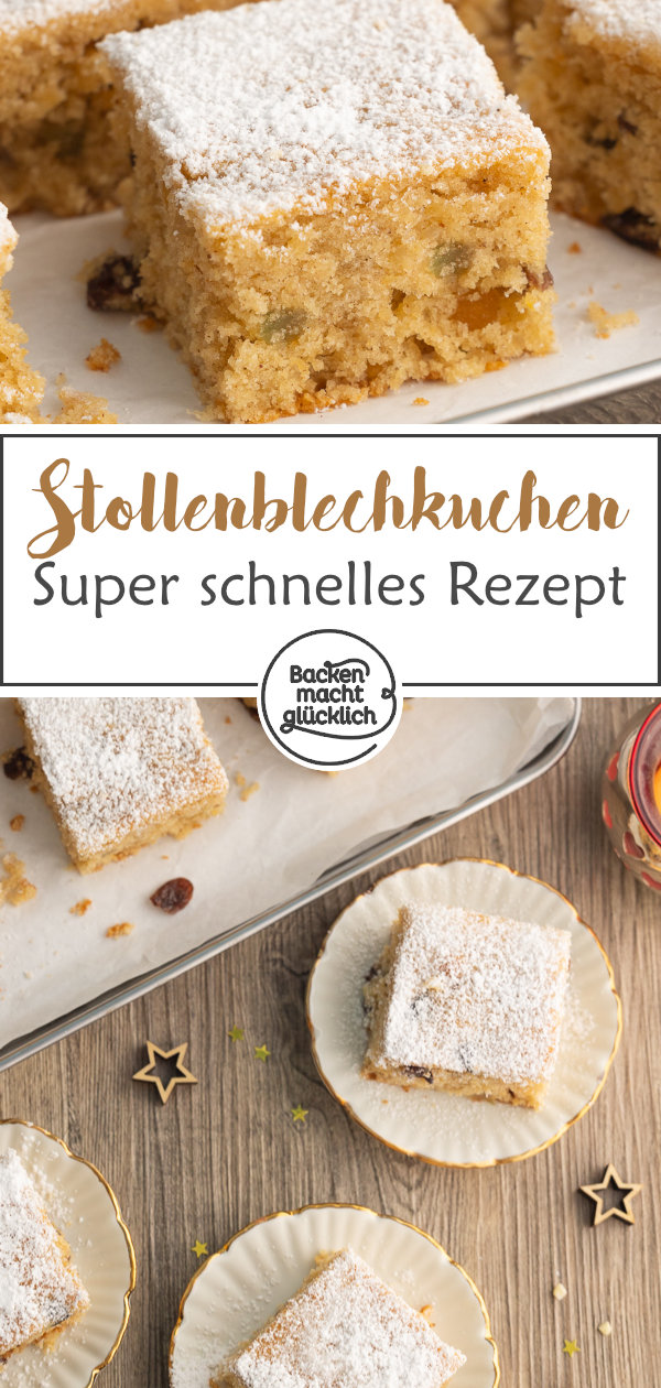 Einfaches Rezept für Stollenblechkuchen ohne Hefe. Wunderbar saftig, weihnachtlich und schnell fertig.
