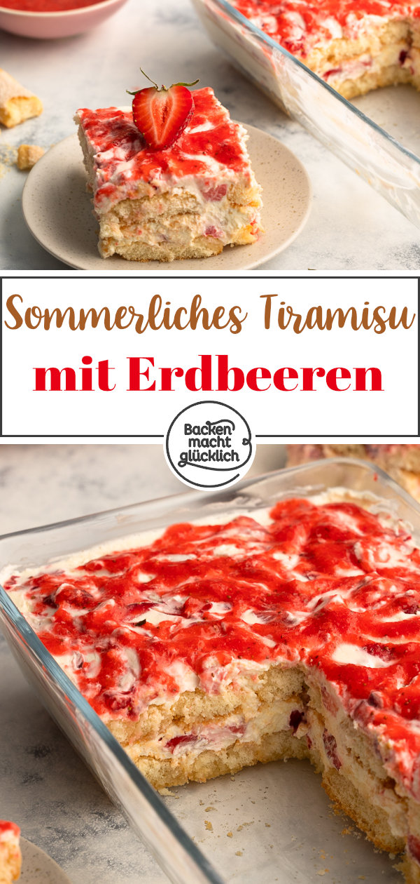 Unser einfaches Tiramisu mit Erdbeeren ist das perfekte Sommerdessert f&uuml;r die ganze Familie: ohne Ei, schnell & einfach vorbereitet.