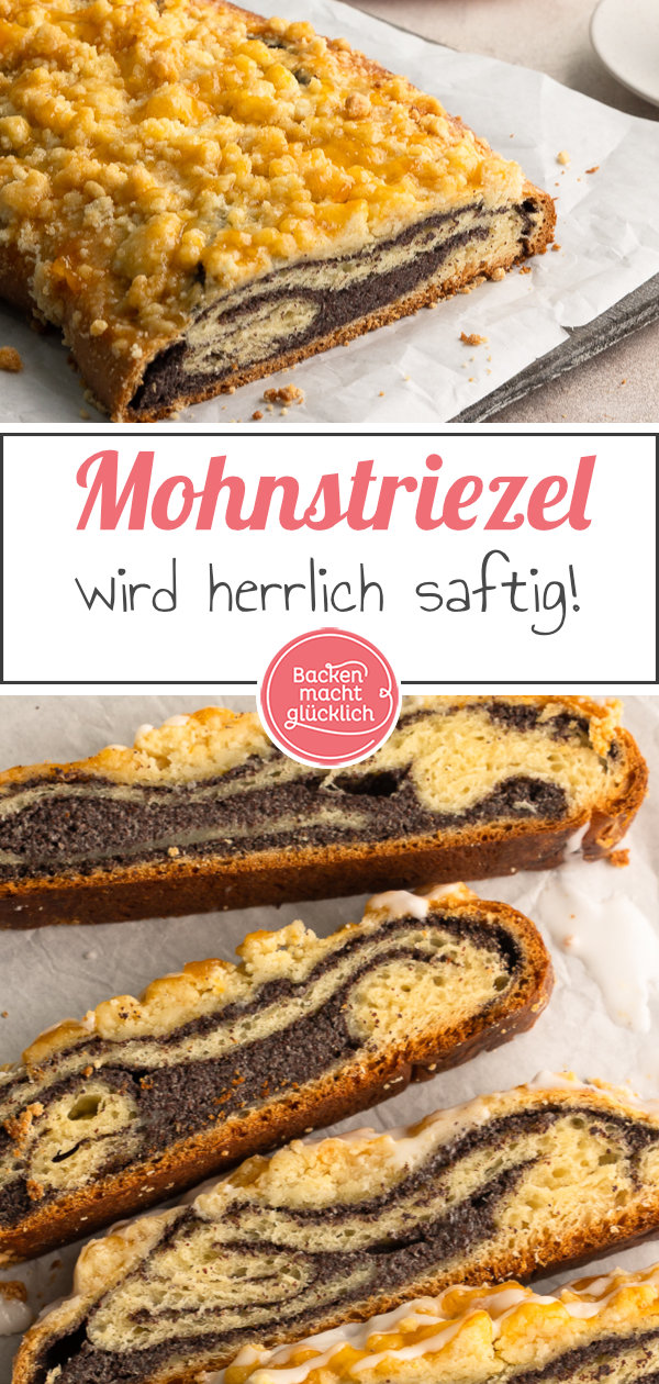 Schlesischer Mohnstriezel wie vom Bäcker - mit Hefeteig, Mohnfüllung, Streuseln und Zuckerguss. Schmeckt himmlisch!
